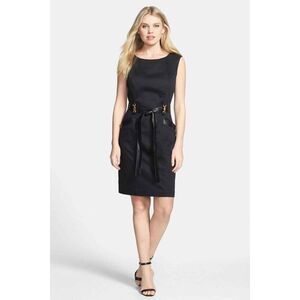 Ellen Tracy Women Black Faux Leather Pocket‎ Belted Career Sheath Dress 8P